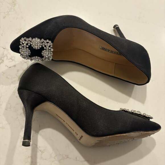 Manolo Blahnik HANGISI Black Satin Jewel Buckle Pumps Heels - Picture 10 of 16